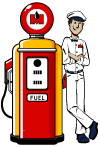 guy leaning on retro gas pump